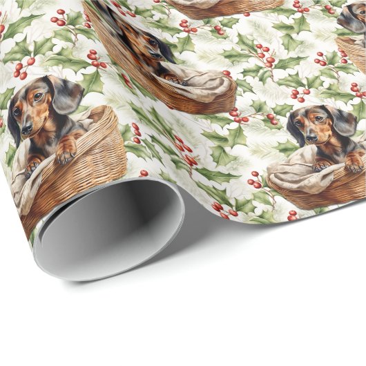 Papier Cadeau Jolie chiot Dachshund dans le panier Noël Holly (Coin rond)