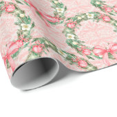 Papier Cadeau Jolie couronne de Noël rose et vert (Coin rond)