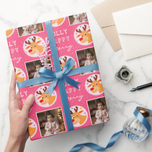 Papier Cadeau Jolie Famille de Renne Rose Photo Noël