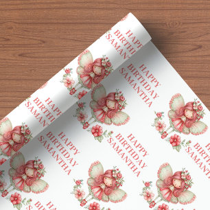 Papier Cadeau Jolie Fille Fée 5ème Anniversaire Fleurs Roses emb