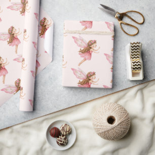 Papier Cadeau Jolie Fille Fée en Robe Rose Caprice