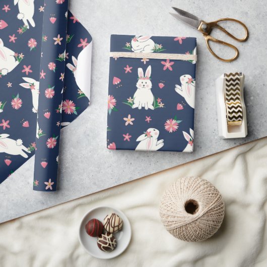 Papier Cadeau Jolie fille Lapin de Pâques lapin bleu moderne ros (Artisanat)
