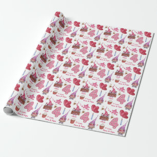 Papier Cadeau Jolie fille rose Gnome 4 ans Anniversaire