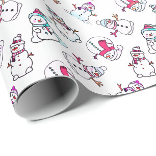 Papier Cadeau Jolie fille Snowman rose Noël blanc