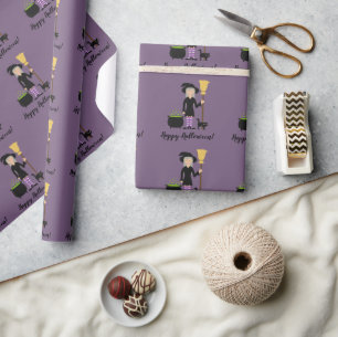 Papier Cadeau Jolie Fille Sorcière Avec Un Chat & Texte Joyeux H