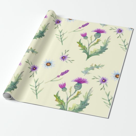 Papier Cadeau Jolie fleur de chardon violet, arrière - plan jaun (Déroulé)