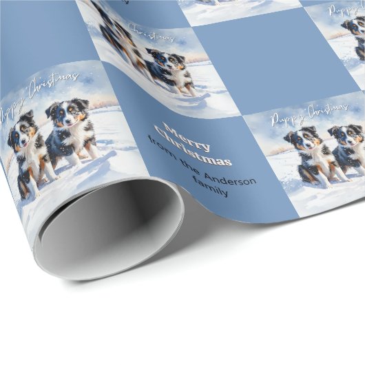 Papier Cadeau Jolie Frontière Collie Chiots Dans Neige Chiot Noë (Coin rond)