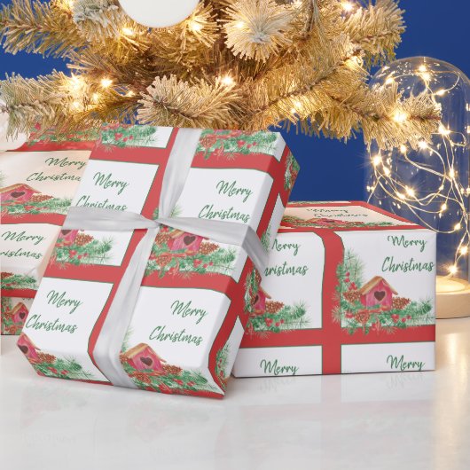 Papier Cadeau Jolie maison d'oiseaux aquarelle Noël (Vacances)