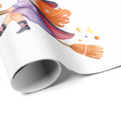 Papier Cadeau Jolie petite sorcière volant sur un balai (Coin rond)