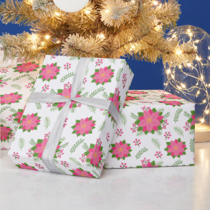 Papier Cadeau Jolie Poinsettia d'hiver rose sur motif blanc