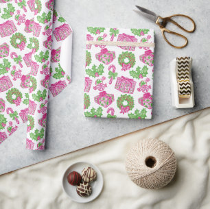 Papier Cadeau Jolie preppy Noël rose et vert Présents et vaches