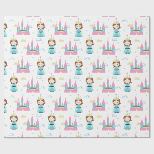 Papier Cadeau Jolie princesse et château rose et bleu (Plat)