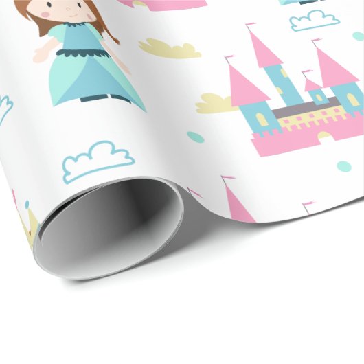 Papier Cadeau Jolie princesse et château rose et bleu (Coin rond)