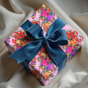 Papier Cadeau Jolie rétro vintage rouge jours fériés rose