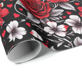 Papier Cadeau Jolie, Rouge, Roses noires et blanches, Coeurs (Coin rond)