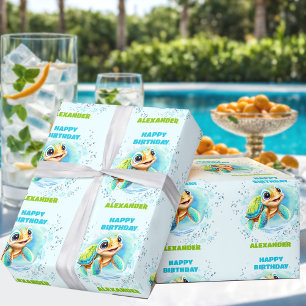 Papier Cadeau Jolie tortue de mer Nom Petit garçon Anniversaire