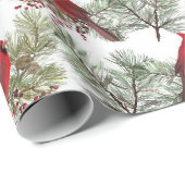 Papier Cadeau Jolies cardinales rouges Berry Pine Branches Noël (Coin rond)