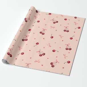 Papier Cadeau Jolies cerises roses rouges cœurs arcs orange doux