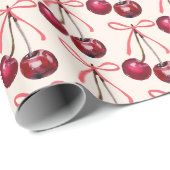 Papier Cadeau Jolies Cerises Roses Ruban Motif (Coin rond)