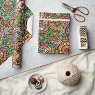 Papier Cadeau Jolies couleurs vives motif floral cercles rétro