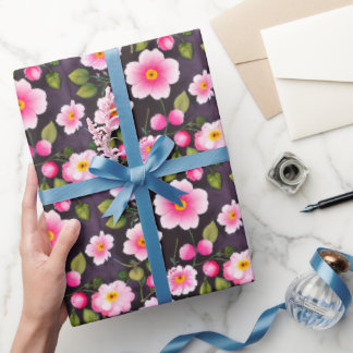 Papier Cadeau Jolies fleurs de cerisier rouges, bleues, jaunes