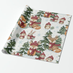 Papier Cadeau Jolis Animaux de la Forêt d'Hiver Motif de Noël
