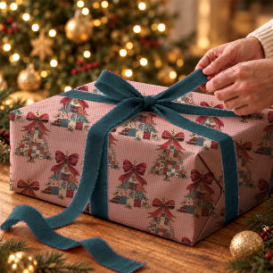 Papier Cadeau Jolis arbres de Noël à carreaux patchwork Coquette