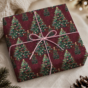 Papier Cadeau Jolis arbres de Noël coquettes rouge foncé