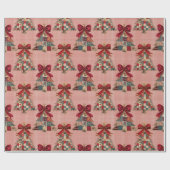 Papier Cadeau Jolis arbres de Noël patchwork en vichy rose (Plat)