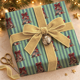 Papier Cadeau Jolis arbres de Noël patchwork rayés Coquette