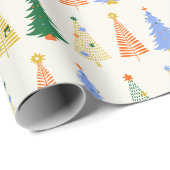 Papier Cadeau Jolis arbres de Noël Rouge Vert Boho (Coin rond)