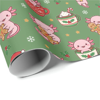 Papier Cadeau Jolis Axolotls Pain d'épice et Cacao Noël Vert