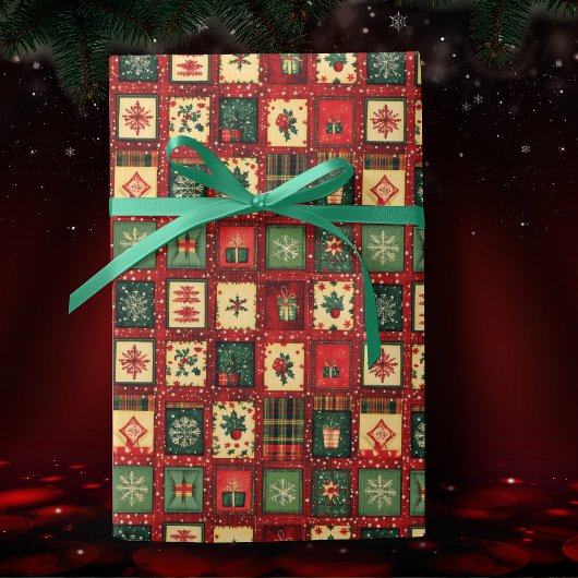 Papier Cadeau Jolis blocs patchwork verts et rouges