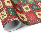 Papier Cadeau Jolis blocs patchwork verts et rouges (Coin rond)