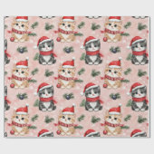 Papier Cadeau Jolis chatons de Noël sur fond rose (Plat)