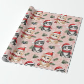 Papier Cadeau Jolis chatons de Noël sur fond rose (Déroulé)
