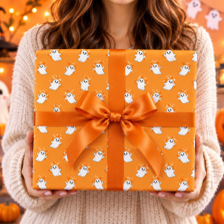 Papier Cadeau Jolis Fantômes Motif Halloween Orange