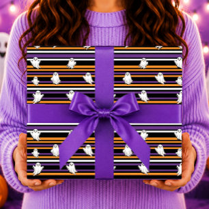 Papier Cadeau Jolis Fantômes Rayures Noir Orange Violet