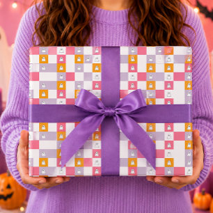 Papier Cadeau Jolis Fantômes Rose Orange Blanc Halloween