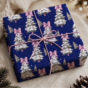 Papier Cadeau Jolis Nœuds Rose Bleu Royal Arbres de Noël
