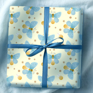 Papier Cadeau Jolis Papillons Bleus Avec Verre à Champagne