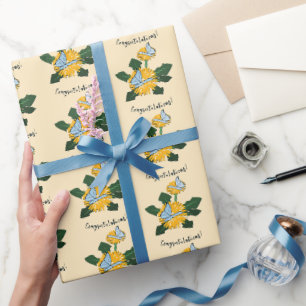 Papier Cadeau Jolis papillons de pissenlit Félicitations Jaune