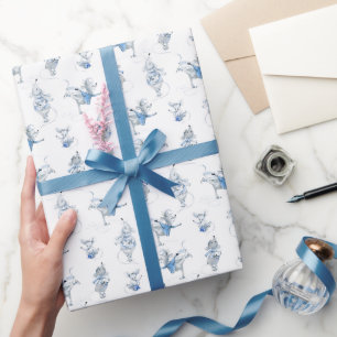 Papier Cadeau Jolis petits souris neige bleu gris Scène d'hiver