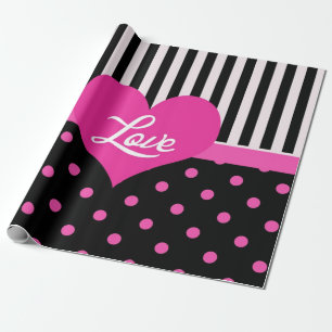 Papier Cadeau Jolis pois roses noirs, rayures noir et blanc, cœu