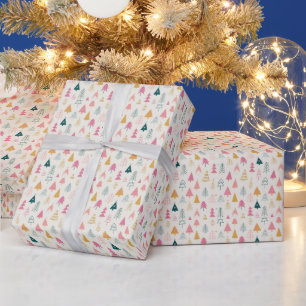 Papier Cadeau Jolis sapins de Noël motif rose poudré