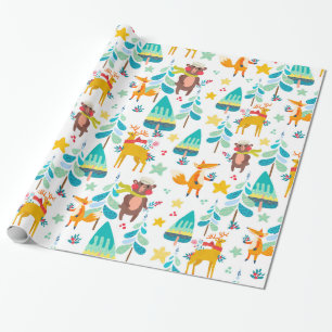 Papier Cadeau Jolis symboles de Noël, motif d'animaux et d'arbre
