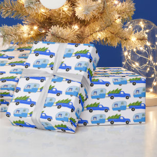 Papier Cadeau Jolis Xmas Remorques VR Utilitaires Camions Bleu N