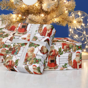 Papier Cadeau Jolly Vintage Père Noël, Holly & Music Collage