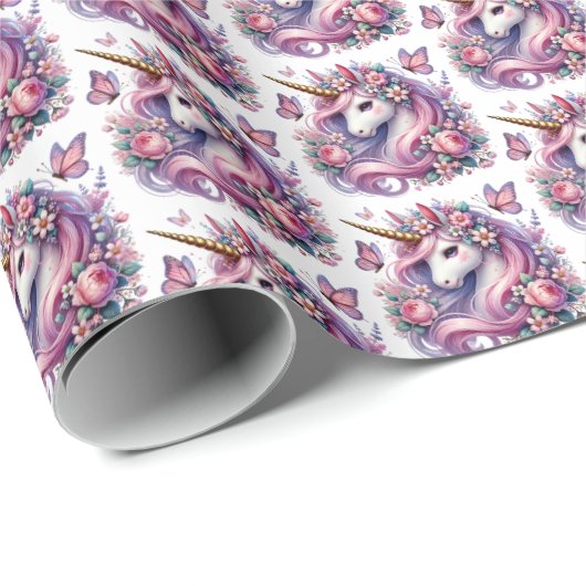 Papier Cadeau Jote carrelée filles unicorne fête (Coin rond)