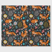 Papier Cadeau Jote Red Foxes Fleurs & Oiseaux Motif (Plat)